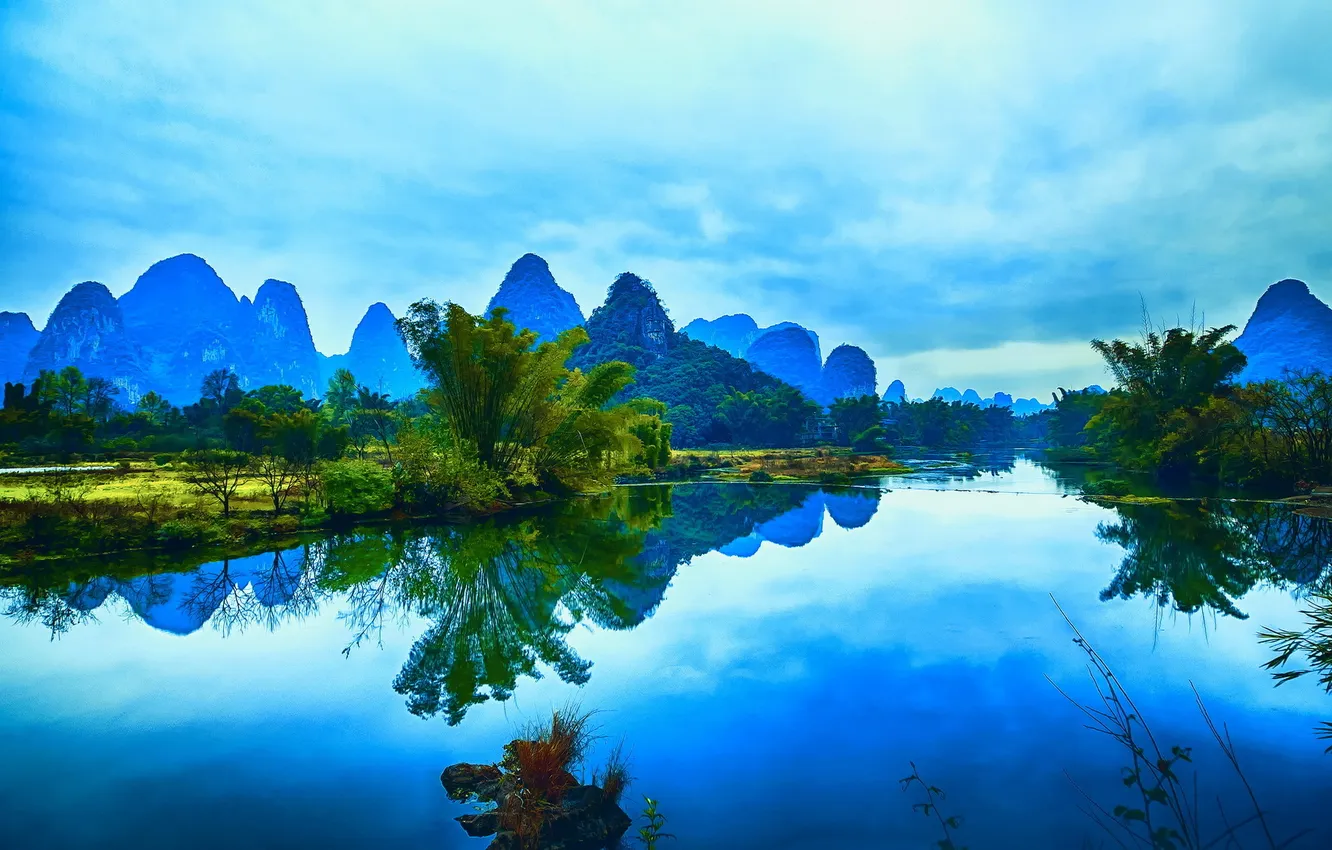 Photo wallpaper mountains, reflection, river, China, Guangxi, Yangshuo