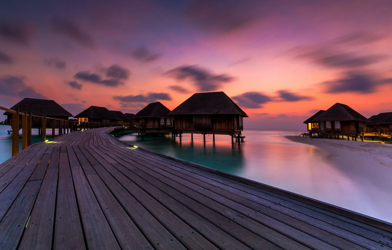Photo wallpaper landscape, sunset, bridge, Maldives, Lagoon
