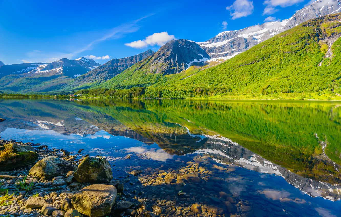 Photo wallpaper the sky, clouds, trees, mountains, lake, reflection, stones