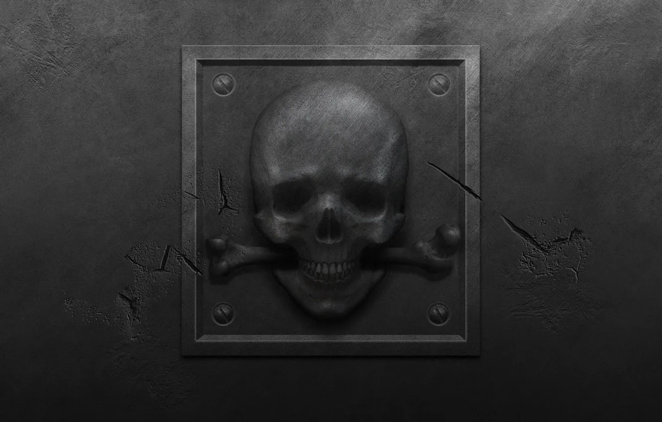 Photo wallpaper metal, cracked, bolt, plate, skull, spot, bones, scratches