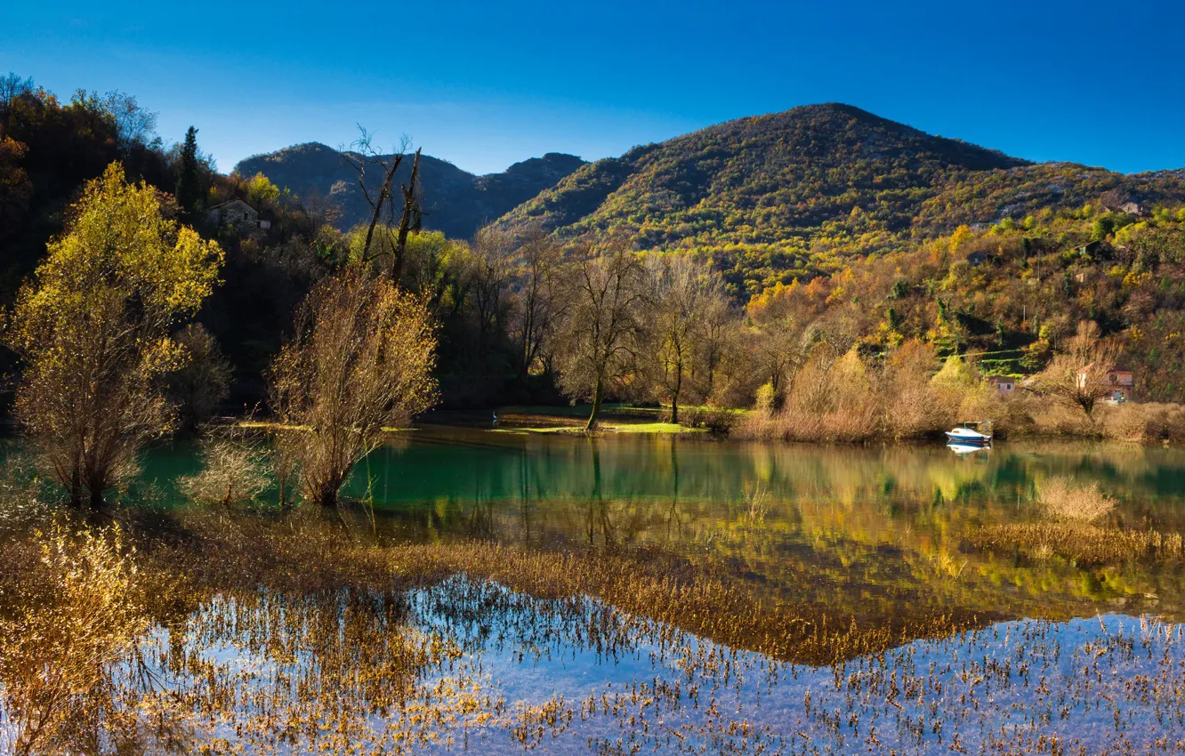 Photo wallpaper mountains, lake, boat, Montenegro