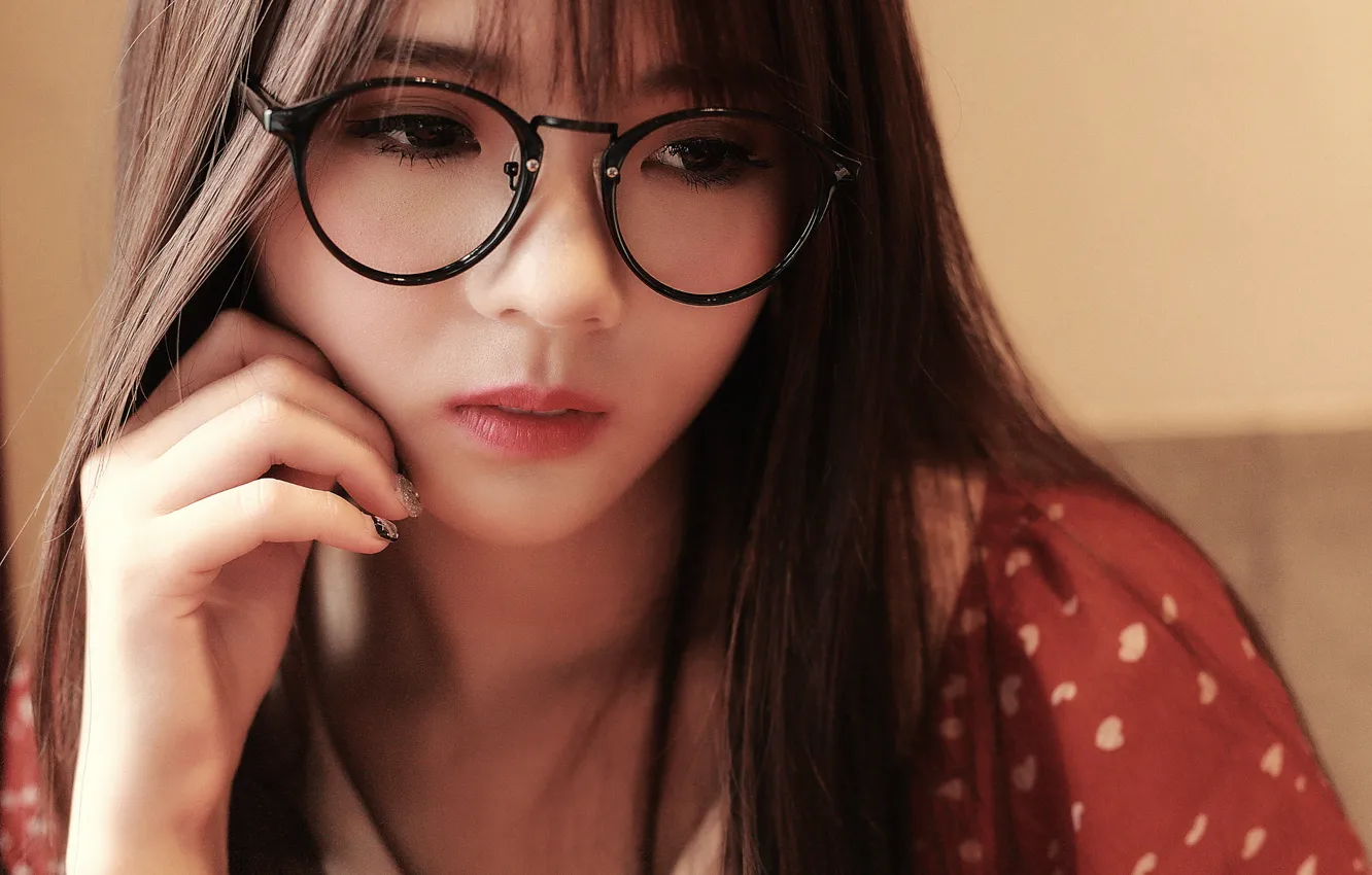 Photo wallpaper eyes, girl, face, glasses, lips, Asian