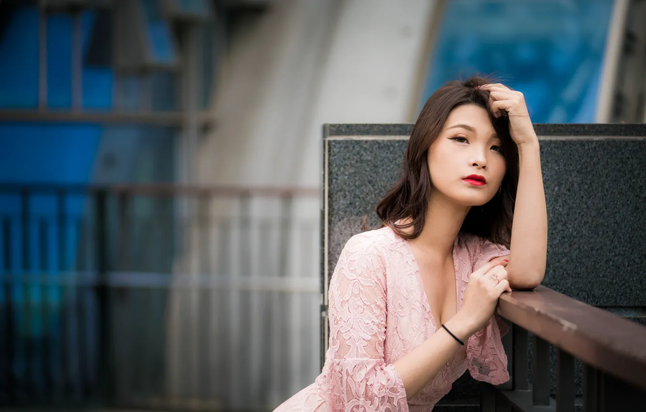 Photo wallpaper look, girl, Asian, bokeh