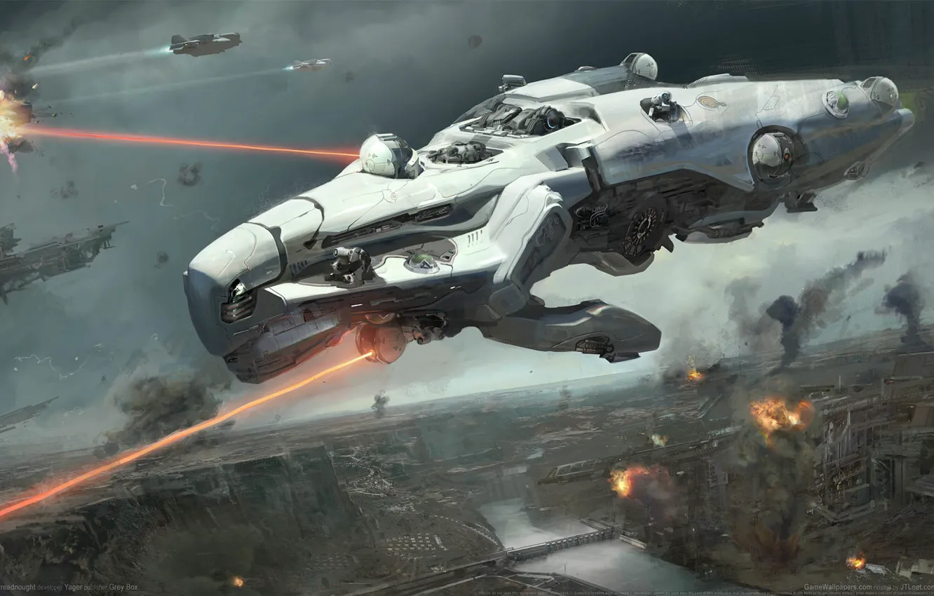 Photo wallpaper rays, the city, fiction, ship, battle, lasers, Dreadnought, game wallpapers