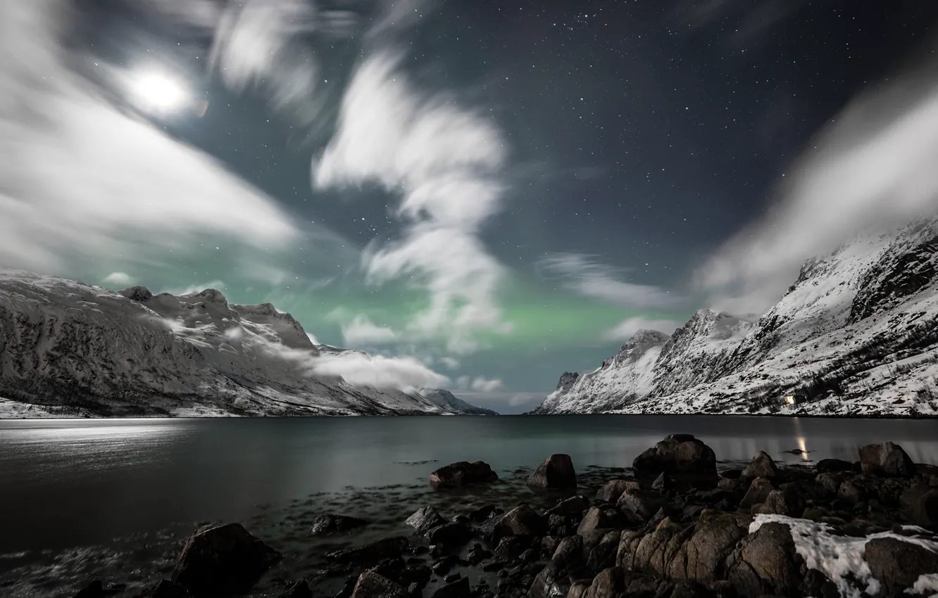 Photo wallpaper mountains, Northern lights, Norway, Norway, the fjord, Ersfjordbotn, Ersfjorden