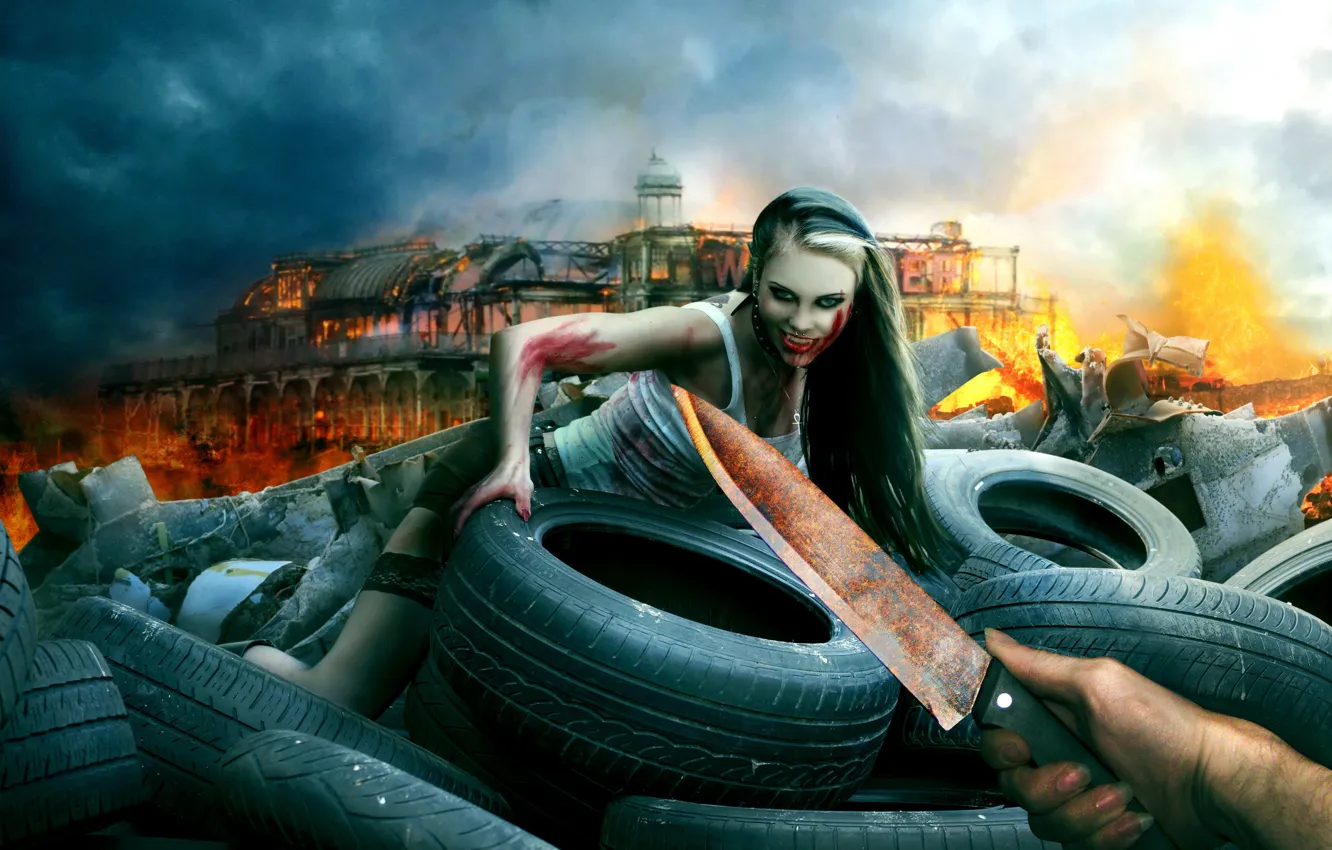 Photo wallpaper girl, smile, hands, knife, vampire, tires, photoart