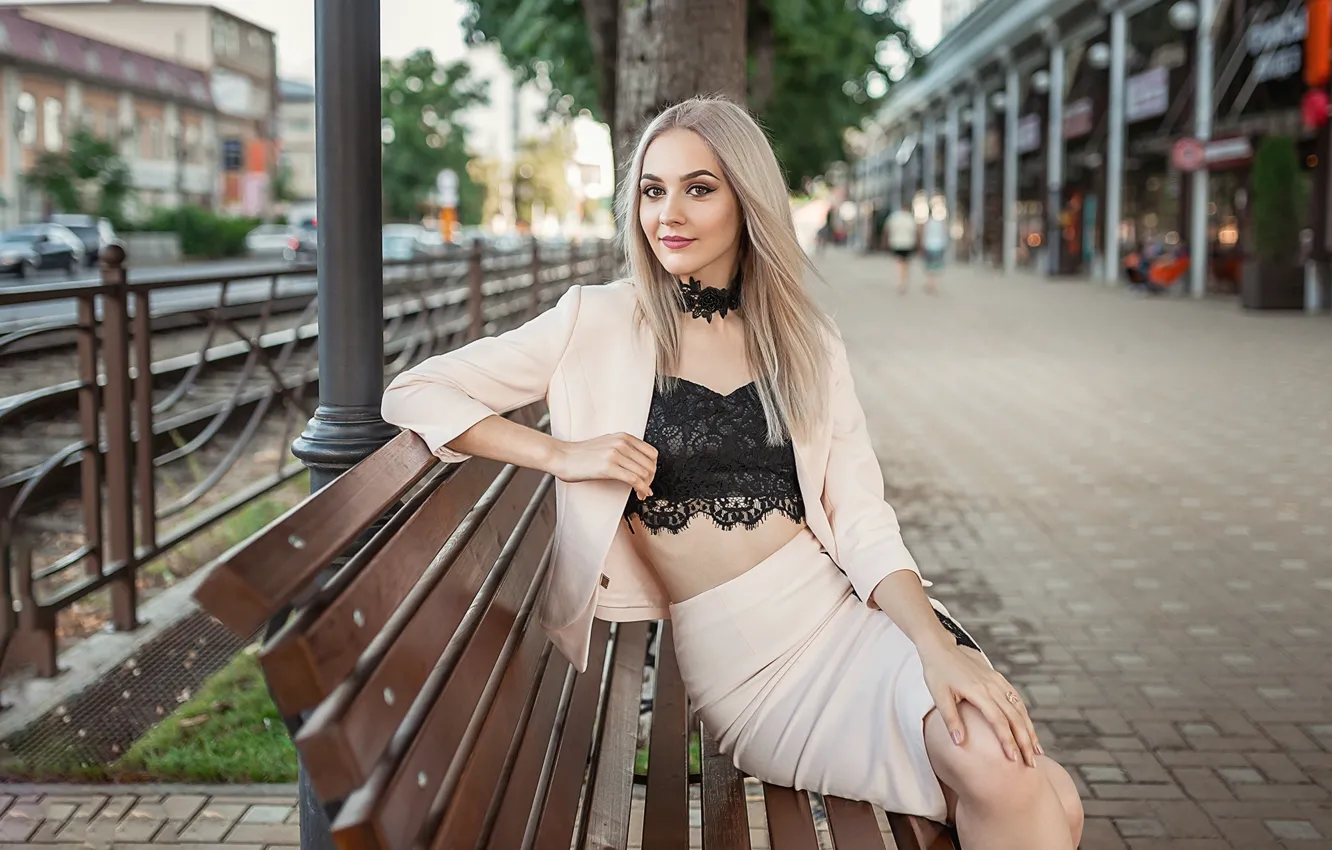 Photo wallpaper look, bench, pose, street, model, skirt, portrait, makeup