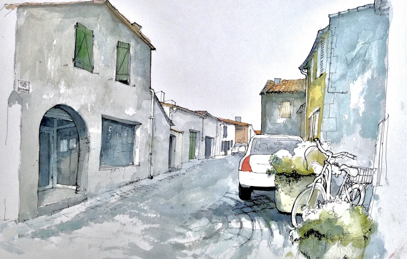 Photo wallpaper bike, the city, street, figure, home, watercolor, car
