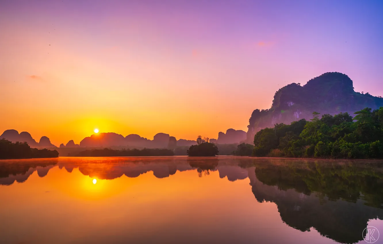 Photo wallpaper sea, forest, the sky, water, the sun, trees, mountains, tropics