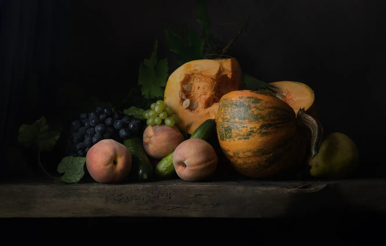 Photo wallpaper grapes, pumpkin, still life, peaches