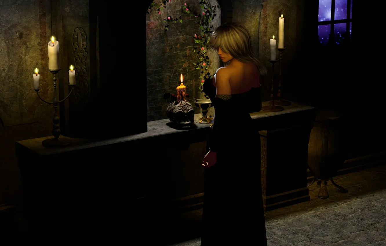 Photo wallpaper girl, flowers, night, Gothic, skull, stars, candles, window