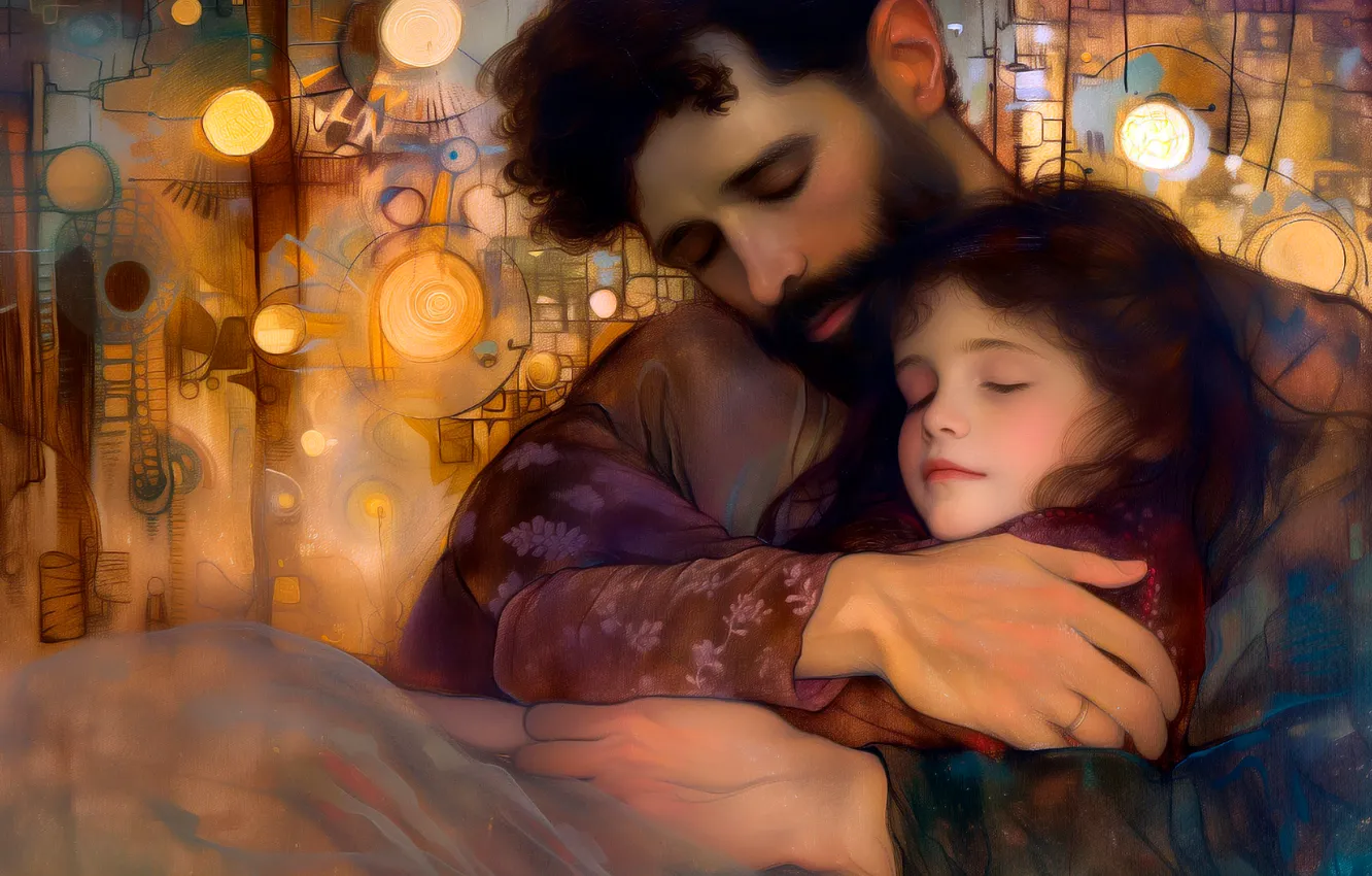 Photo wallpaper children, lights, sleep, the evening, hands, family, father, hugs