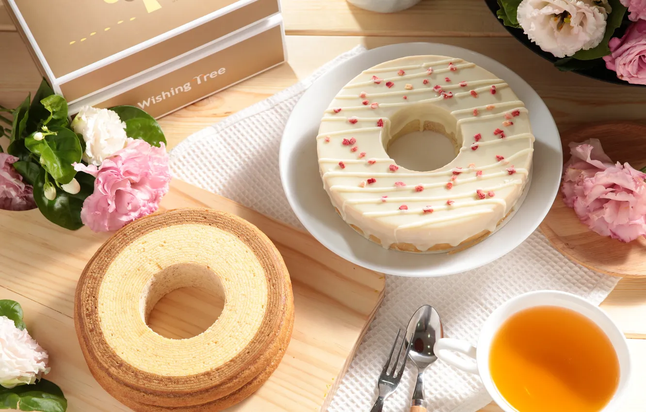 Photo wallpaper flowers, tea, pie, spoon, box