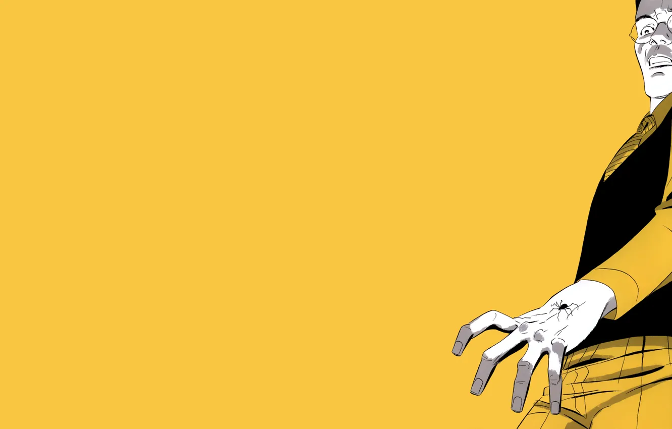 Photo wallpaper spider, hands, glasses, yellow background, comic, Spider-man, Marvel Comics, Spider-Man