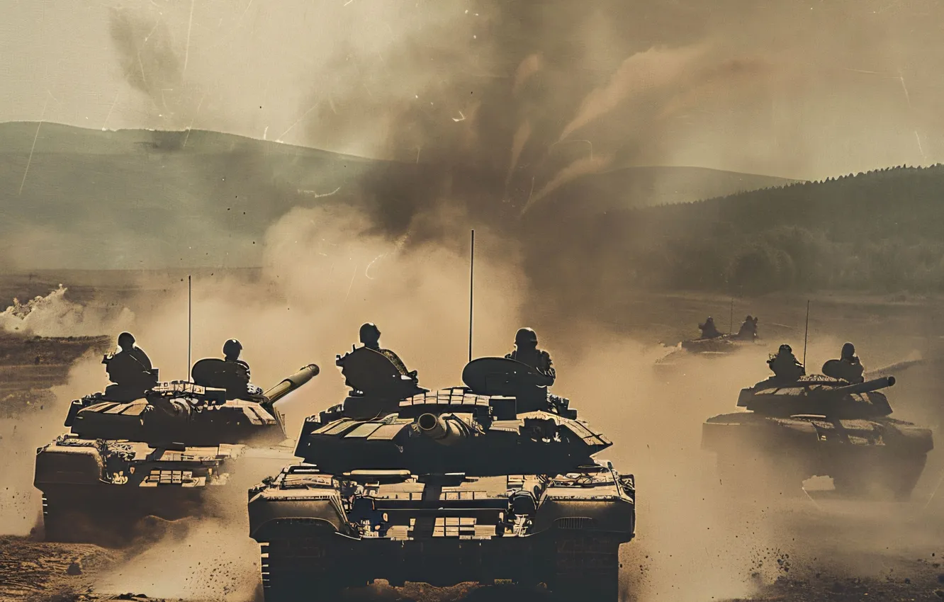 Photo wallpaper Dust, Smoke, Retro, Tanks, Digital art, Black and white, Column, AI art