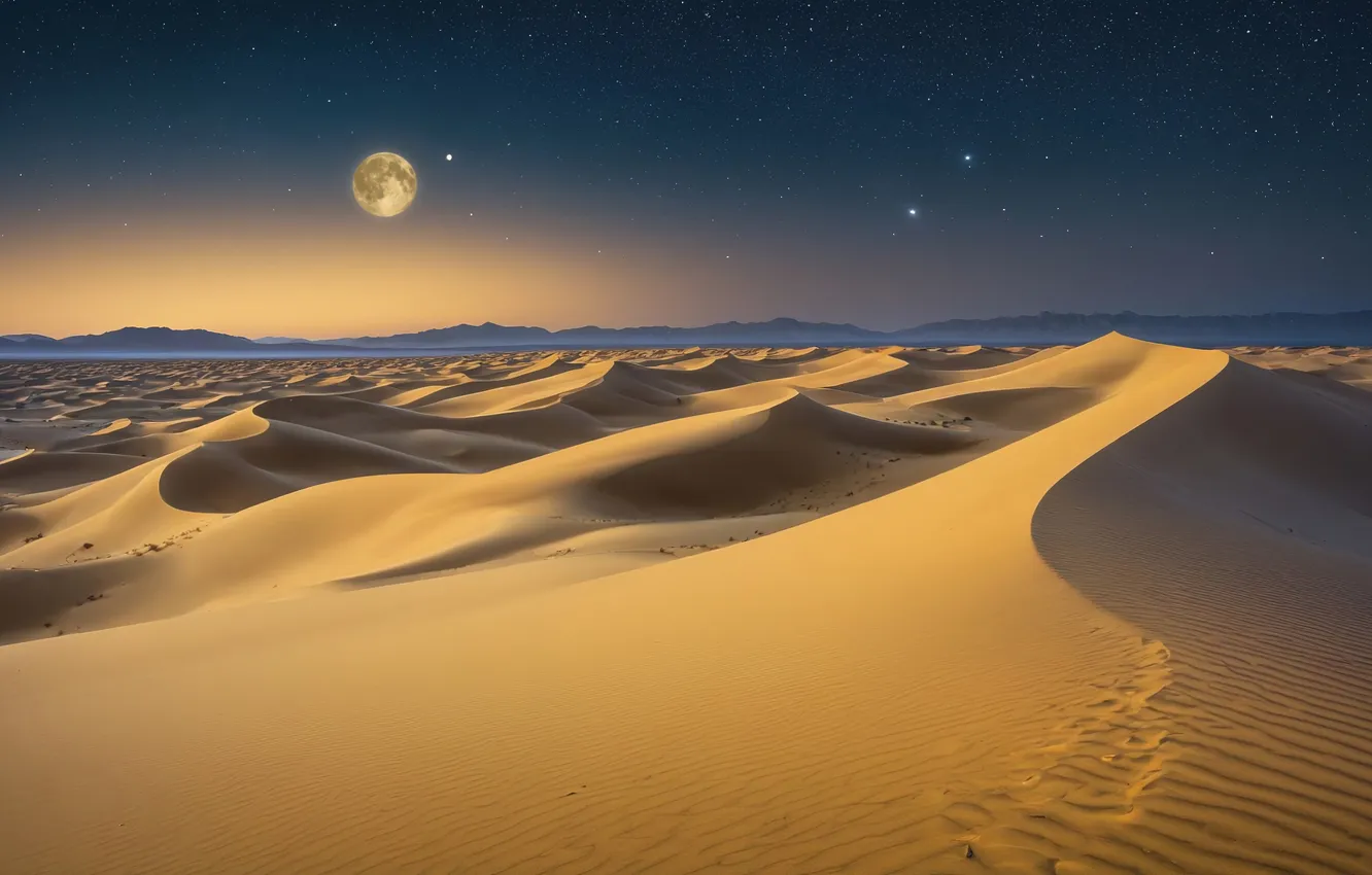 Photo wallpaper moon, desert, landscape, nature, night, stars, night sky, dunes