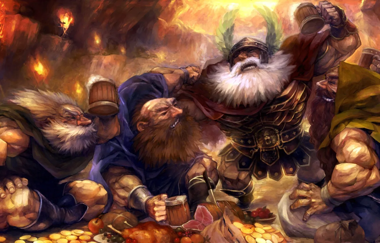 Photo wallpaper fantasy, gold, Wallpaper, the game, food, beer, art, dwarf