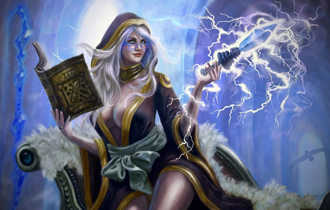 Photo wallpaper girl, magic, lightning, art, hood, book, blade