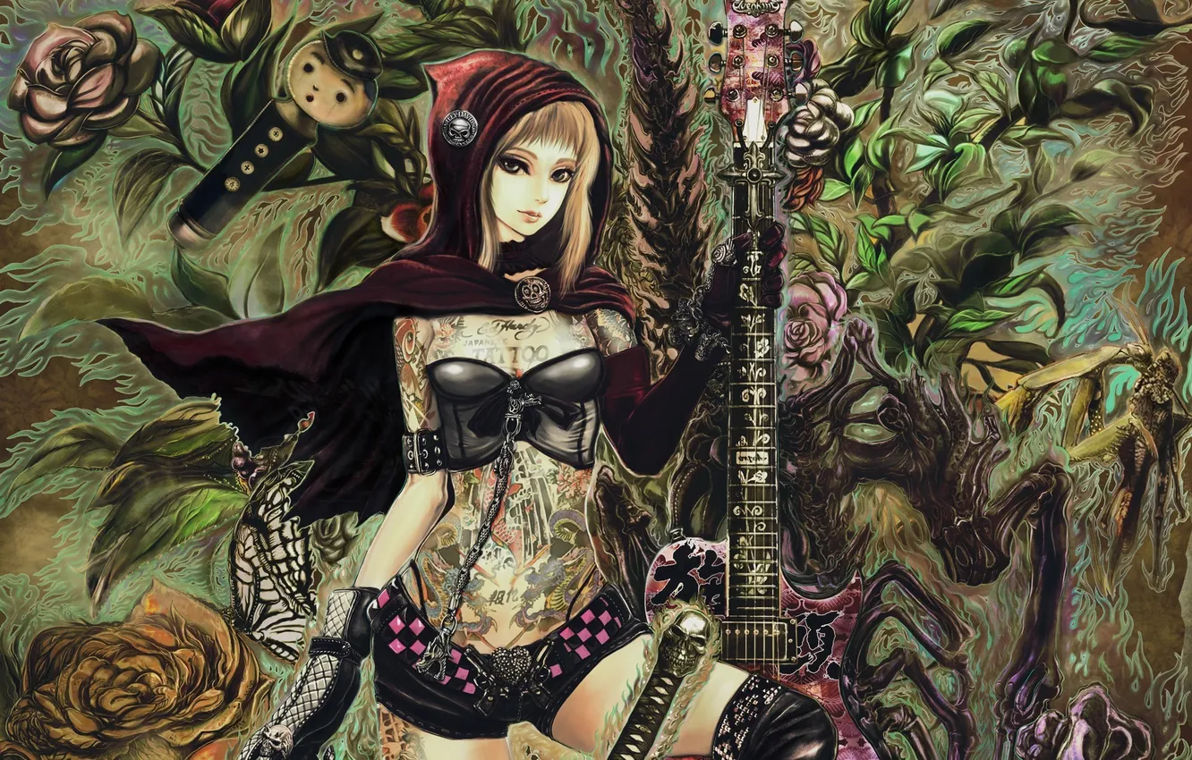 Photo wallpaper girl, guitar, tattoo, art, Hyde, Little Red Riding Hood