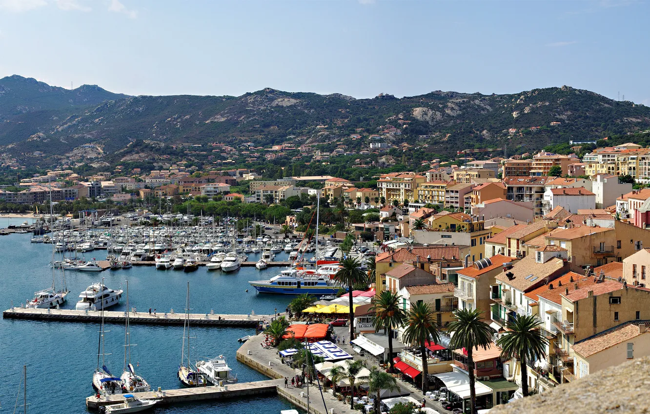 Photo wallpaper sea, mountains, palm trees, home, Bay, yacht