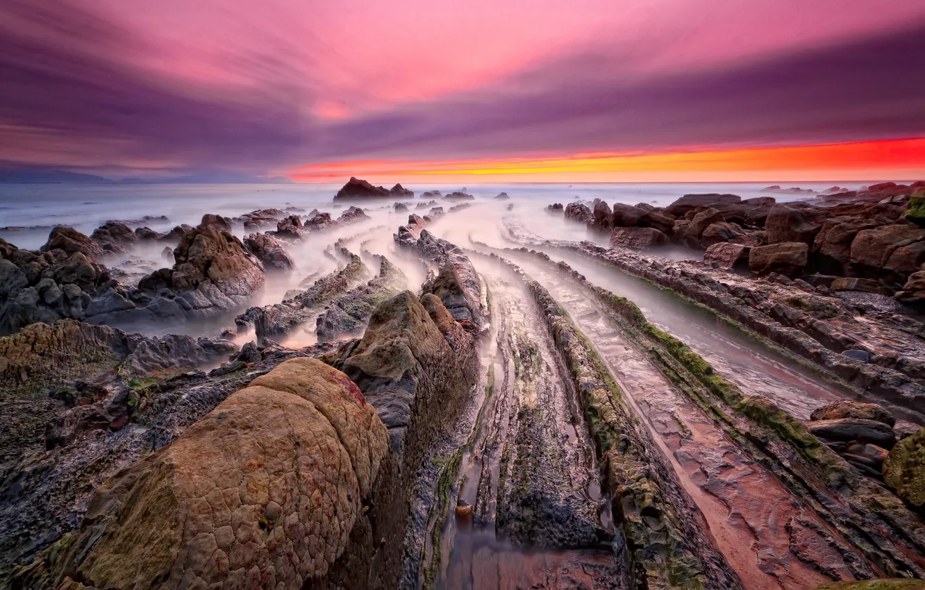 Photo wallpaper landscape, the ocean, rocks, dawn, coast