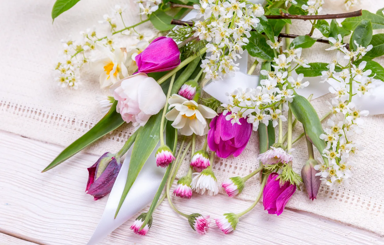 Photo wallpaper flowers, bouquet, spring, colorful, tulips, buds, wood, pink