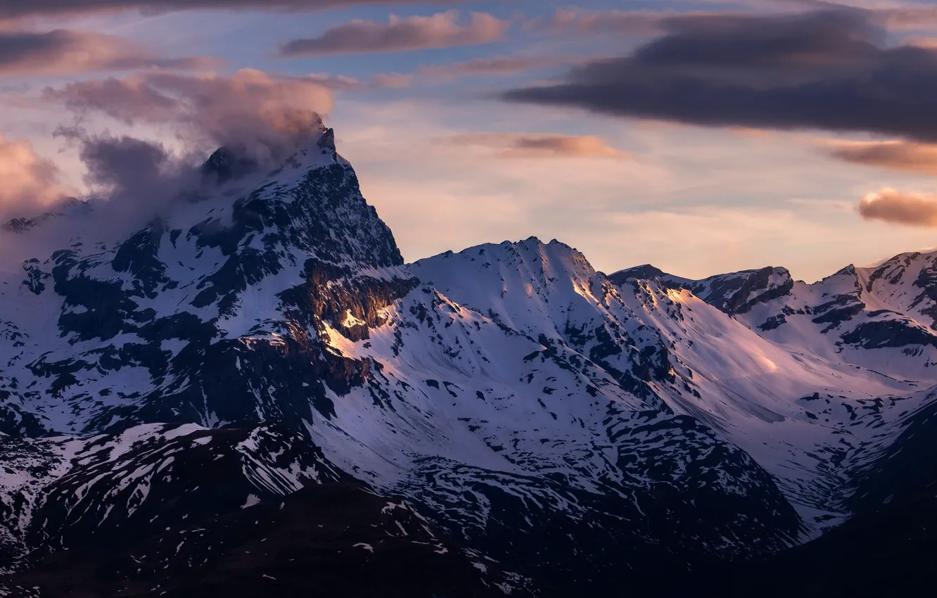 Photo wallpaper winter, the sky, clouds, snow, landscape, mountains, relief, mountain range