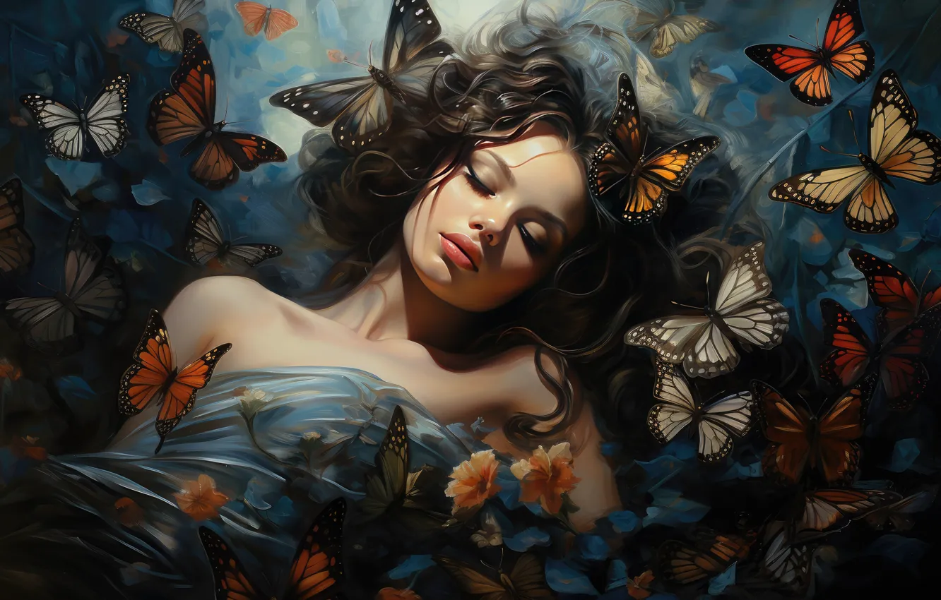 Photo wallpaper girl, butterfly, sleep, sleeping, lies, AI art, neural network
