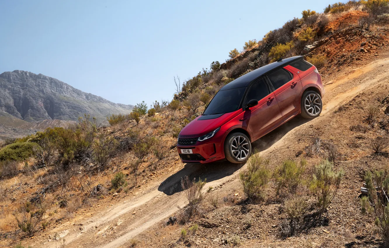 Photo wallpaper mountains, the descent, Land Rover, primer, crossover, SUV, 2020, Discovery Sport