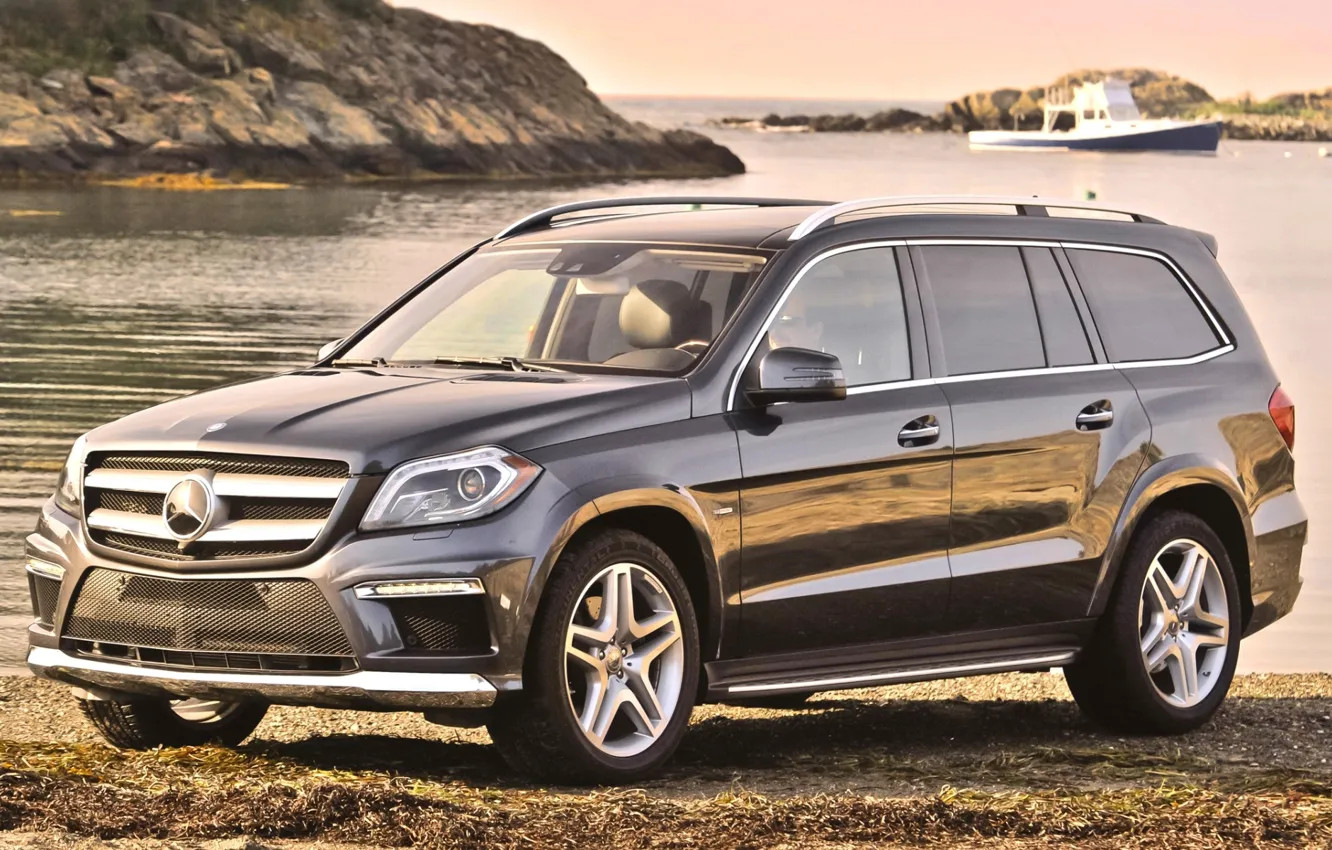 Photo wallpaper water, background, shore, Mercedes-Benz, Mercedes, jeep, boat, the front