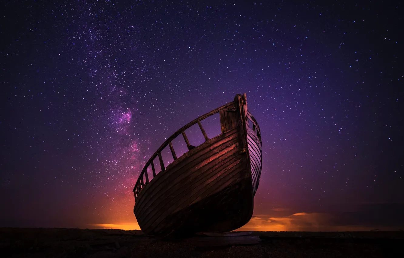 Photo wallpaper the sky, stars, boat, glow