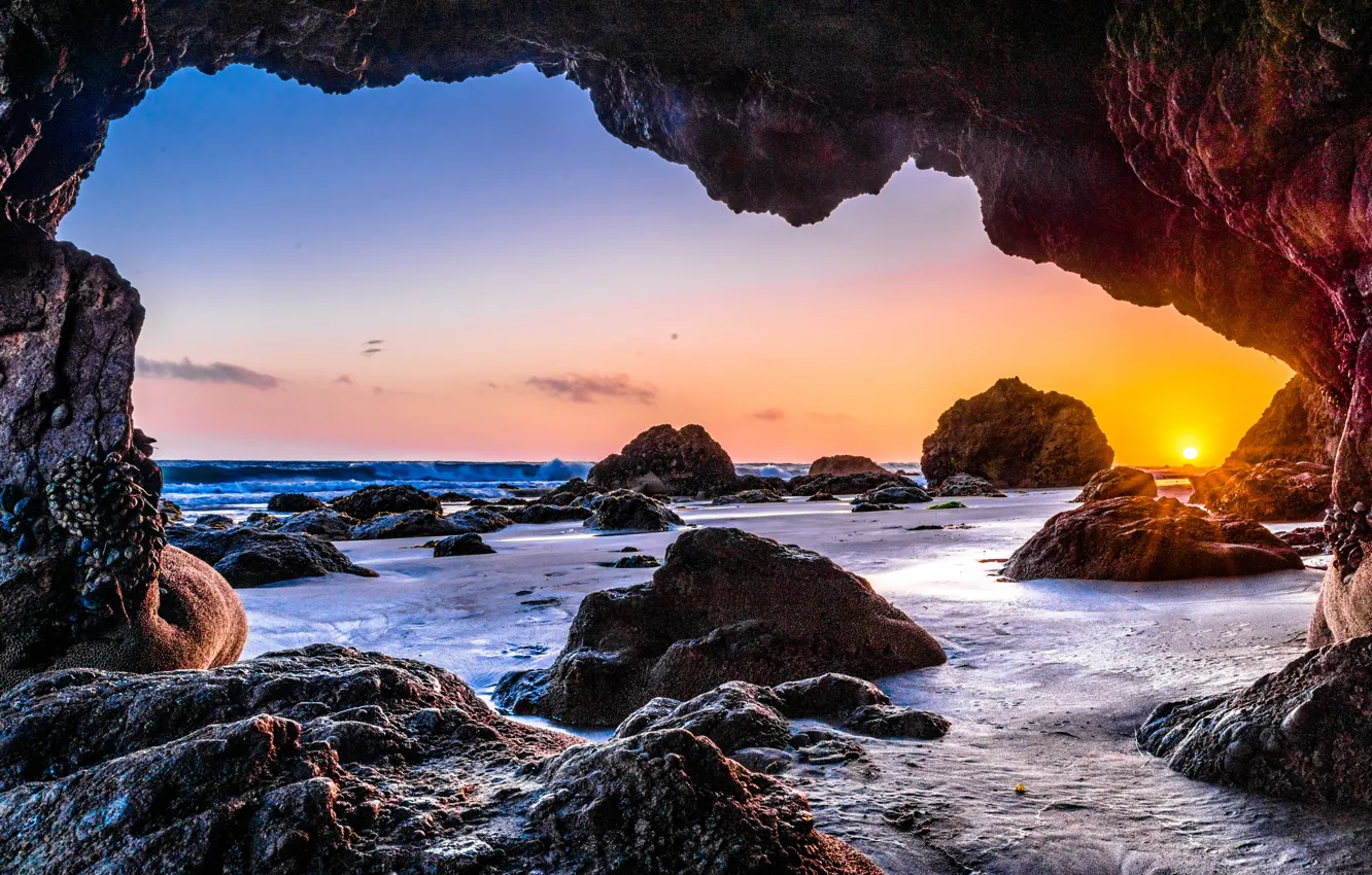 Photo wallpaper wave, sunset, stones, the ocean, rocks, shore, CA, USA