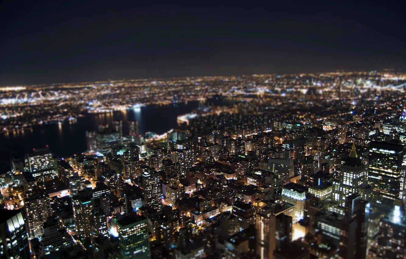 Photo wallpaper night, lights, New York, The Tilt-Shift effect