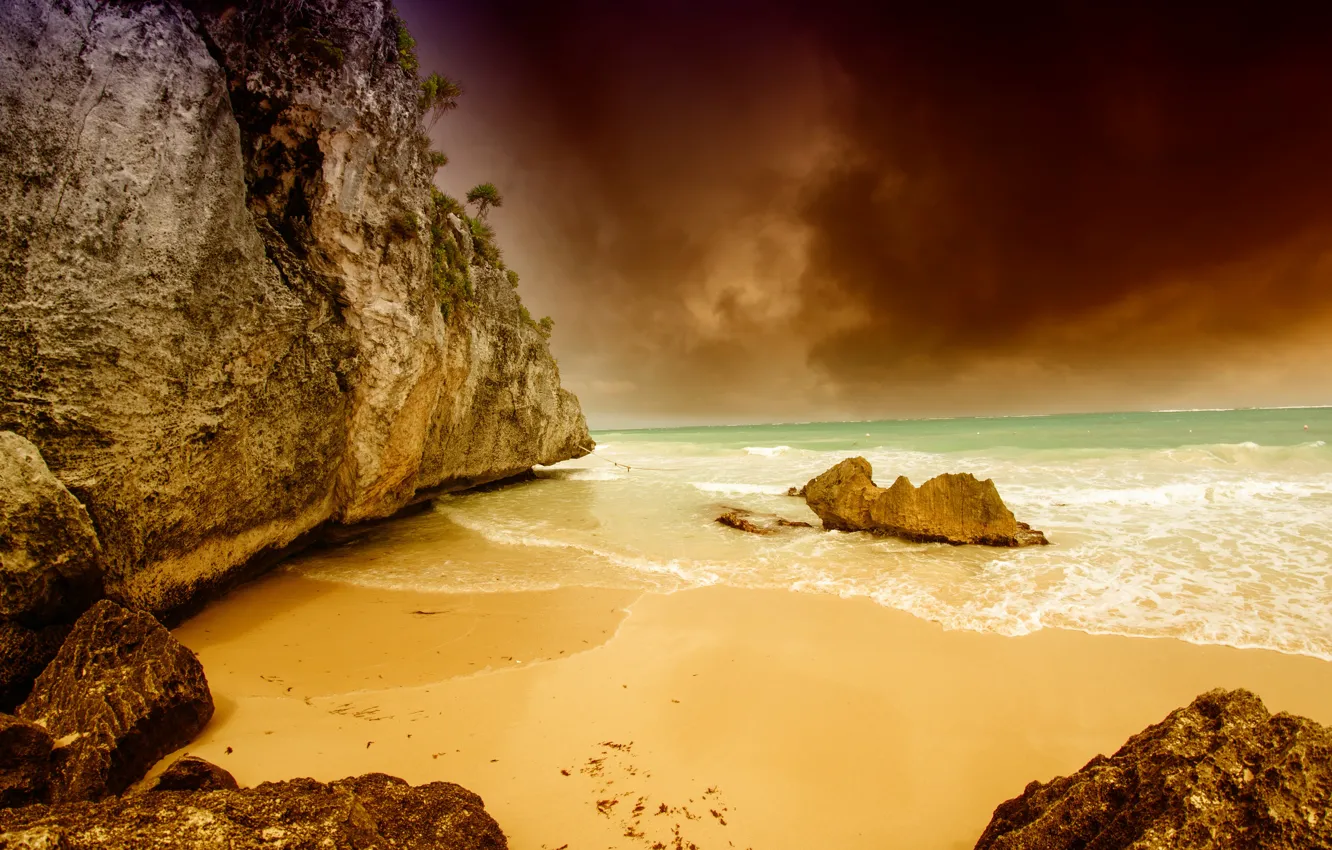 Photo wallpaper sand, sea, the sky, clouds, stones, overcast, rocks, coast