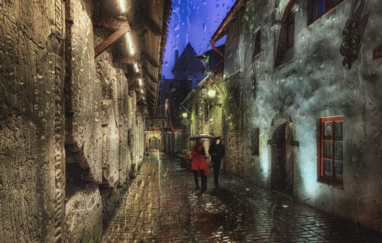 Photo wallpaper the city, rain, home, the evening, lighting, Tallinn, pair, lane