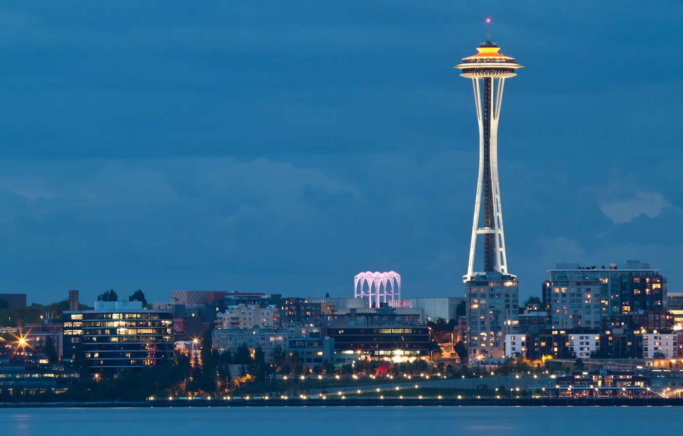 Photo wallpaper city, the city, lights, lights, the evening, Bay, Washington, Seattle
