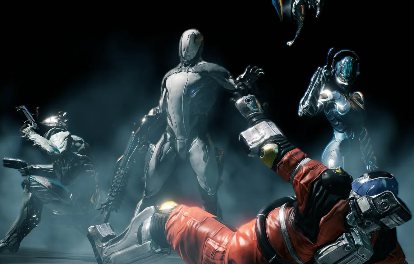 Photo wallpaper night, weapons, the game, soldiers, attack, armor, the exoskeleton, Warframe