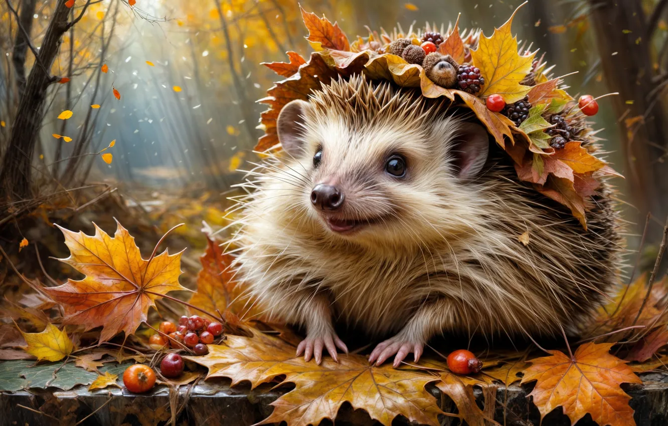 Photo wallpaper autumn, leaves, berries, animal, hedgehog