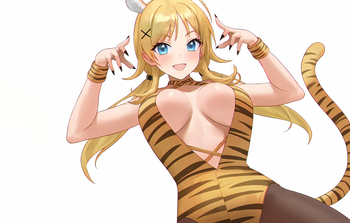 Photo wallpaper girl, sexy, cleavage, long hair, boobs, animal ears, anime, blue eyes