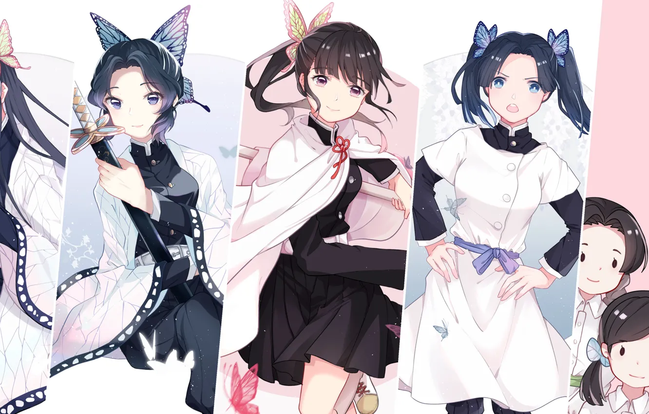 Photo wallpaper girl, collage, black hair, The Blade Cleaves Demons, Shinobu Kochou, Aoi Kanzaki, Kanae Kochou