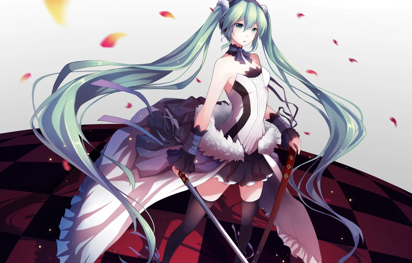 Photo wallpaper girl, weapons, katana, petals, dress, vocaloid, hatsune miku, Vocaloid