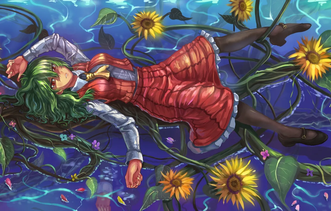 Photo wallpaper water, girl, sunflowers, flowers, anime, art, touhou, touhou ryuusei seinen