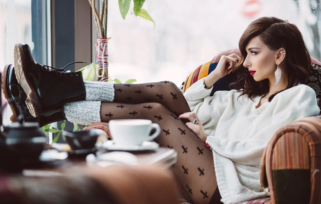Photo wallpaper girl, table, earrings, mug, profile, brown hair, saucer