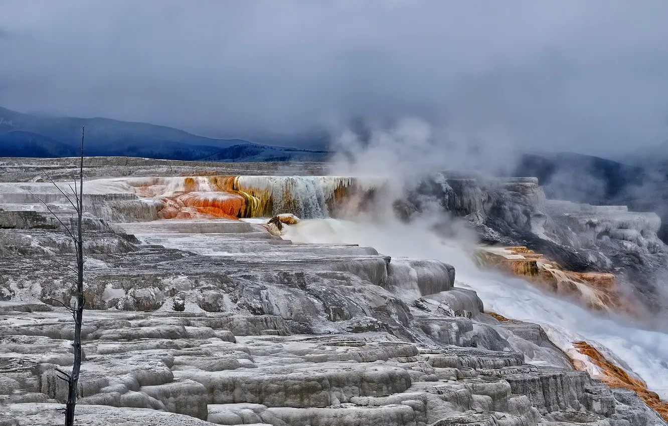 Photo wallpaper mountains, waterfall, stream, pair, geyser
