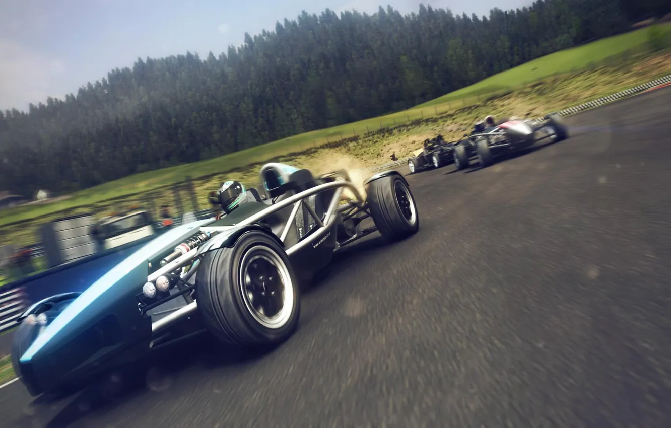 Photo wallpaper machine, forest, race, the game, speed, track, helmet, Codemasters