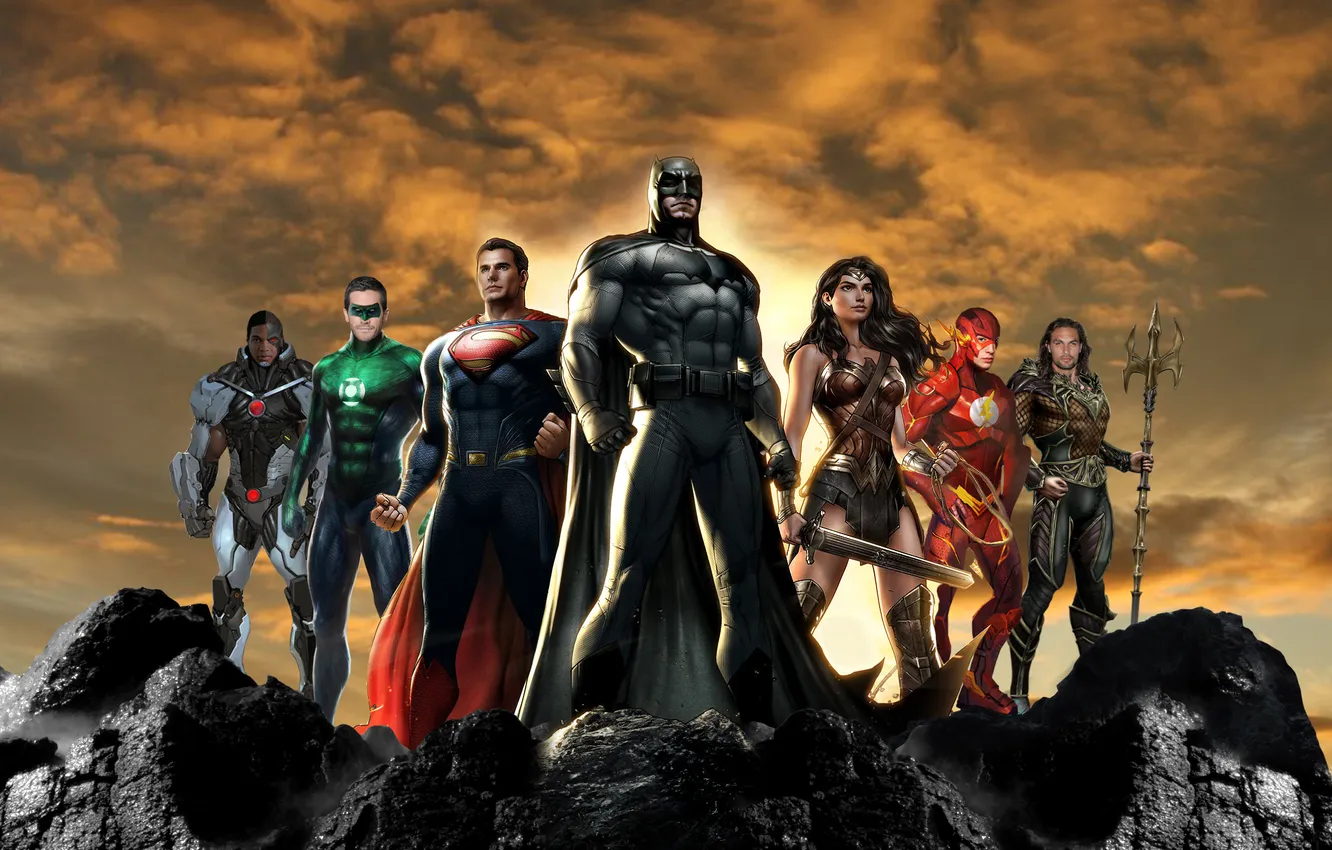 Photo wallpaper Wonder Woman, Batman, art, Green Lantern, Superman, cyborg, Flash, Aquaman