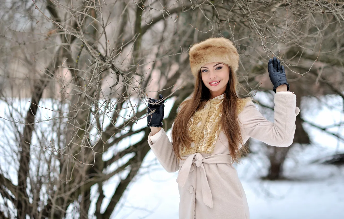 Photo wallpaper winter, girl, snow, trees, smile, sprig, mood, gloves
