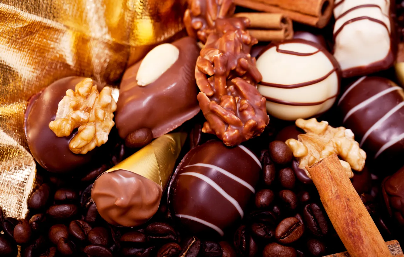 Photo wallpaper coffee, chocolate, grain, candy, nuts, cinnamon, dessert
