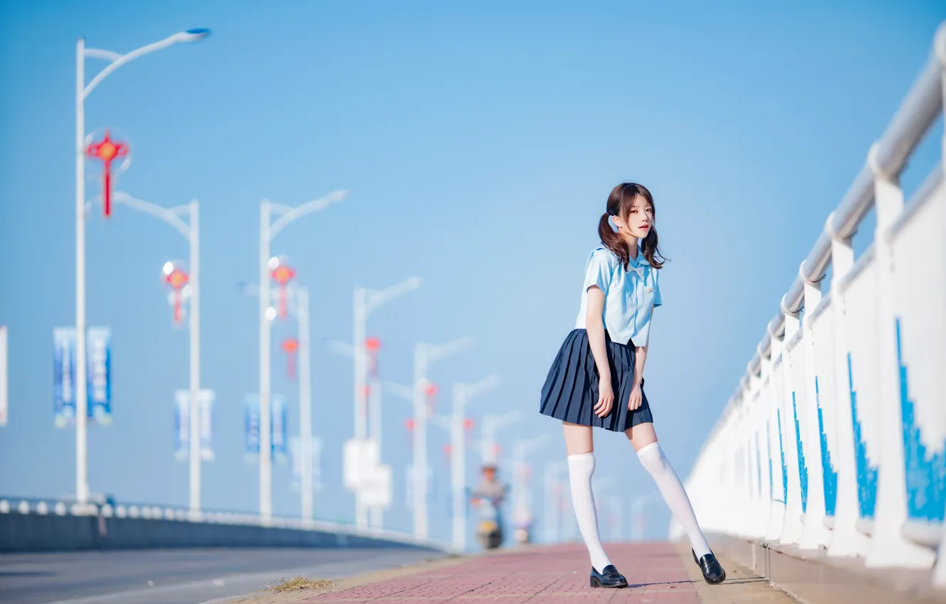 Photo wallpaper school uniform, bridge, twintails, model, women, cosplay, brunette, asian