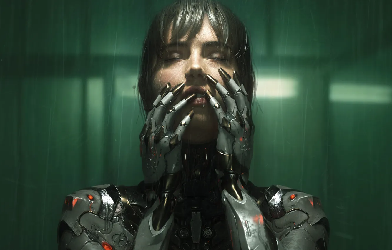 Photo wallpaper girl, background, hands, brunette, art, cyborg, Cyberpunk